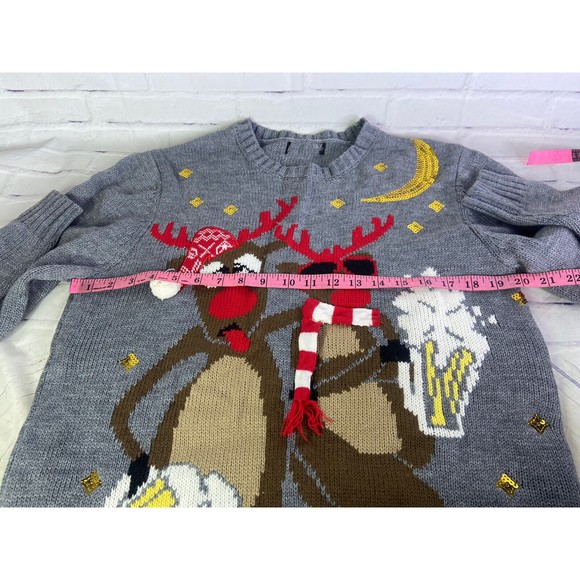 Reindeer Holiday Beers Christmas Ugly Sweater Gray Embellished Womens Size M - Picture 6 of 8